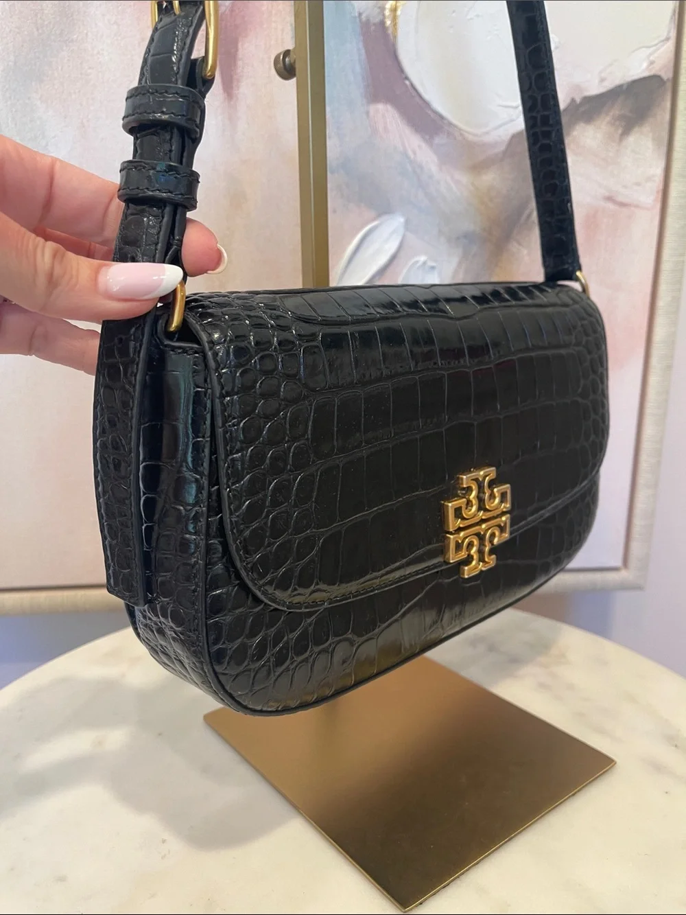 Tory Burch Black Croc-Embossed Leather Shoulder Bag with Gold Logo